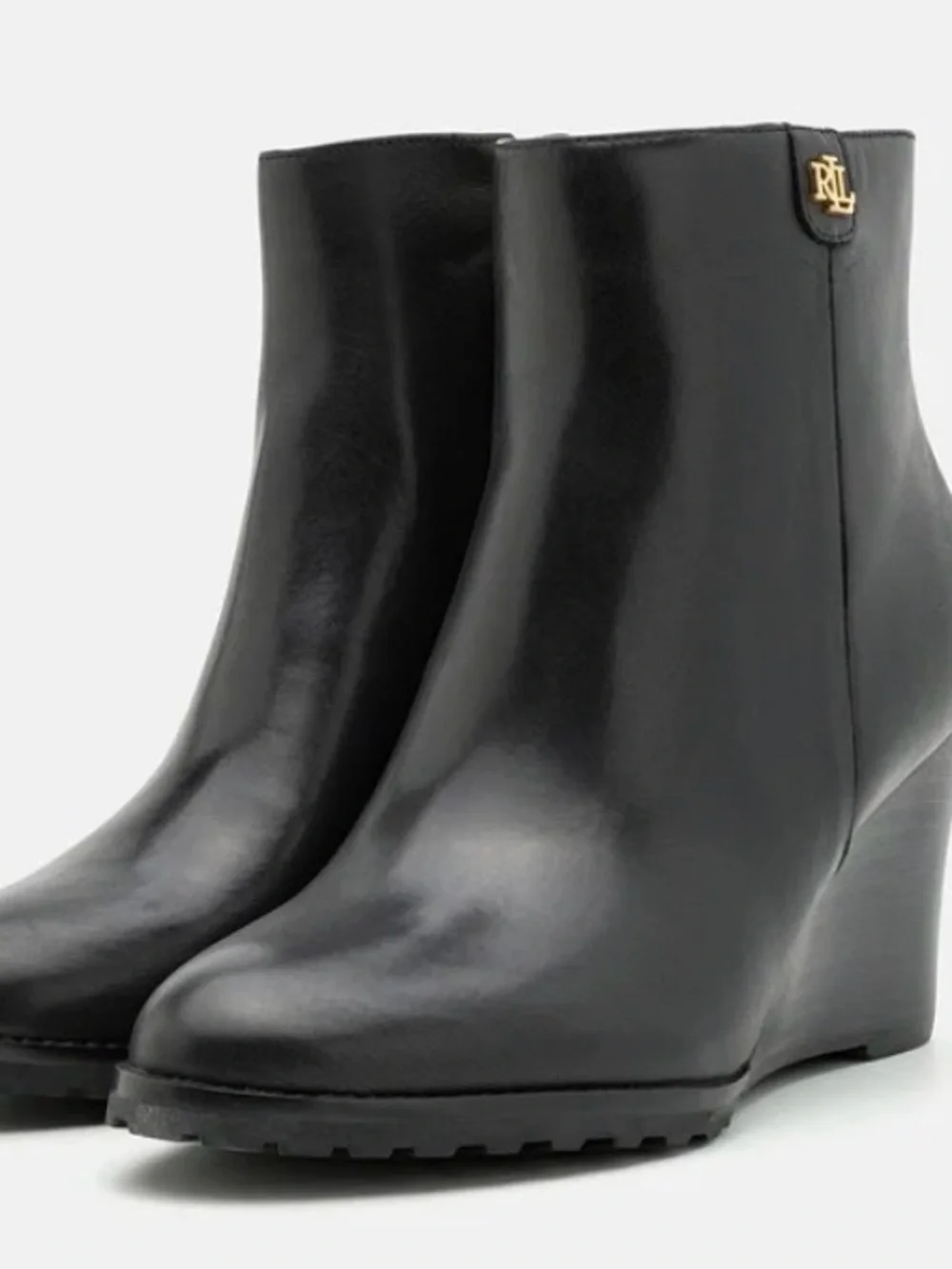 Ralph Lauren Black Leather Wedge Booties with Gold Logo